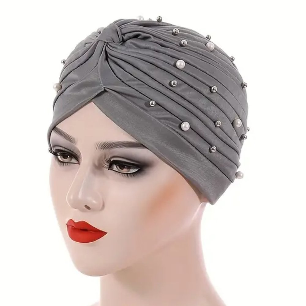 Faux Pearl Rhinestone Decor Turban Gray Head Wraps Elastic Head Scarf Chemo Cap